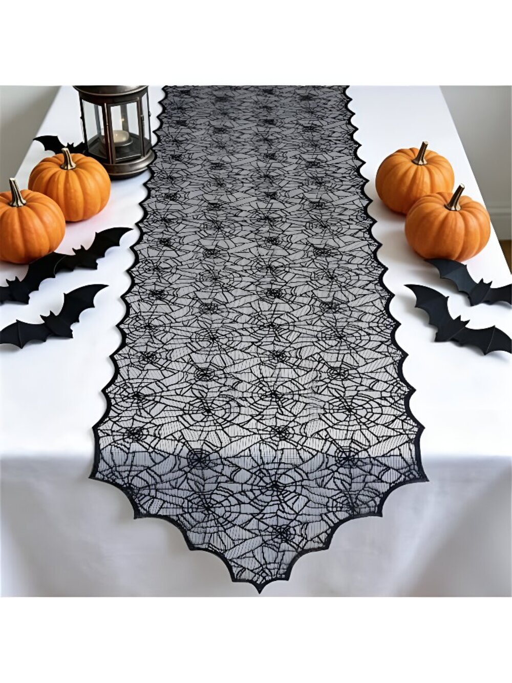18 x 72 Inch Halloween Table Runner - 2 Pcs Black Lace Runner with Spider Web